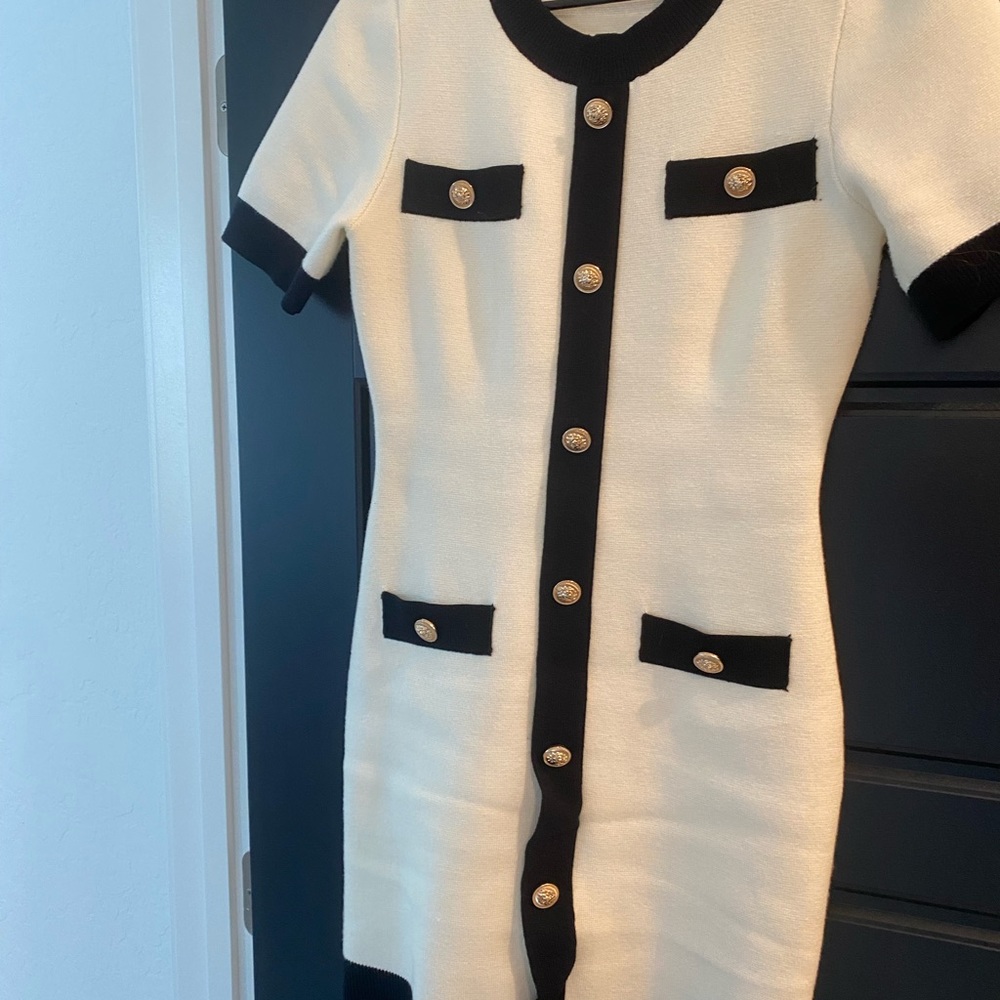 Sophisticated Black and White Gold Button Dress